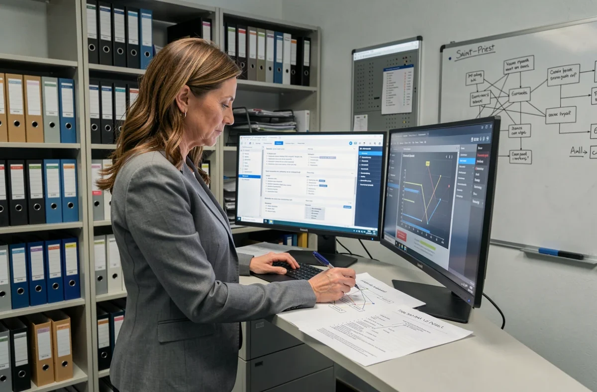 Chef de projet IT personnalisant une configuration de services sur mesure avec des diagrammes annotés dans un bureau de Saint-Priest pour Systailor