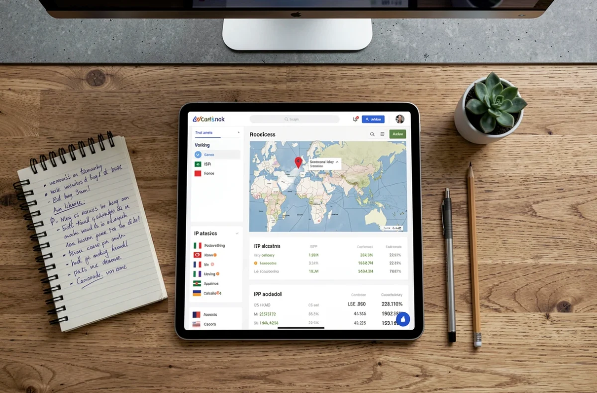 Vue aérienne d'une tablette affichant un site de vérification d'adresse IP avec carte de géolocalisation et informations réseau