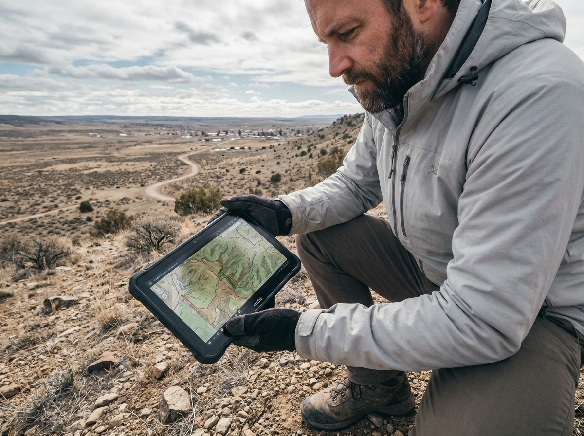 Technicien terrain utilisant une tablette avec un logiciel ArcGIS pour la collecte de données géographiques sur le terrain, partenariat Esri