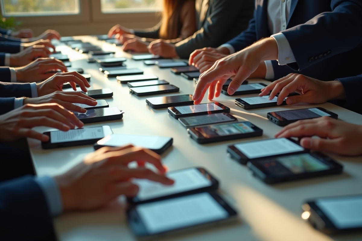 Plusieurs téléphones affichant des notifications de messages dans une pièce ensoleillée