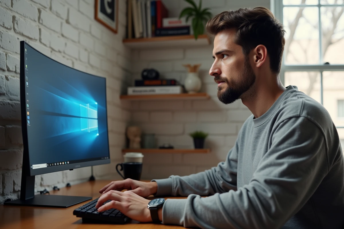 Jeune homme travaillant depuis chez lui sur Windows 11 avec un écran ultrawide et un bureau home office minimaliste