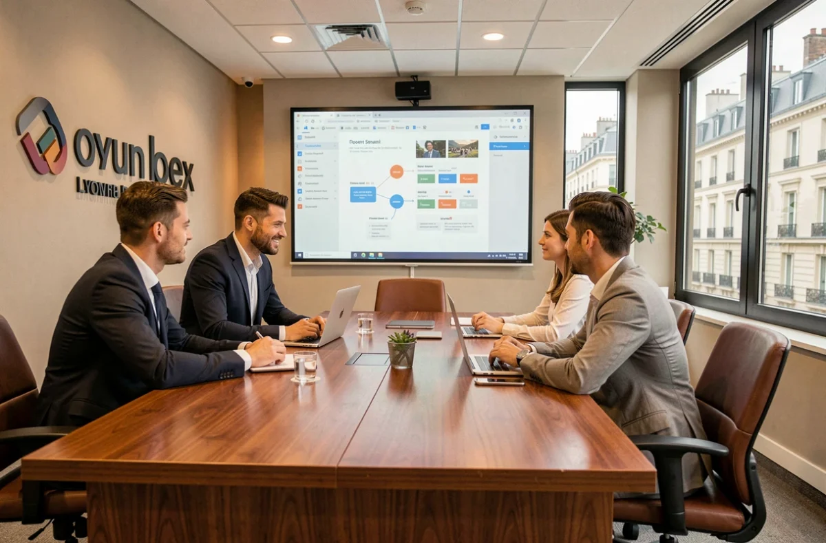 Équipe d'Uniflow Lyon réunissant PME et grands groupes autour d'une stratégie web dans une salle de réunion professionnelle