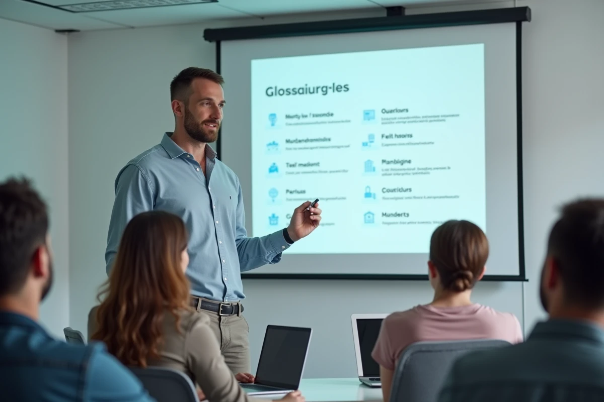Un formateur présente un glossaire de vocabulaire technologique en français sur un écran de projection lors d'un atelier de formation professionnelle